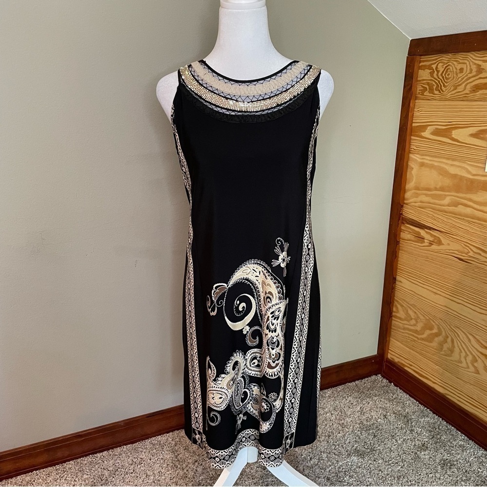 Studio I Black & Beige Sleeveless Paisley Print Studded Dress 8
